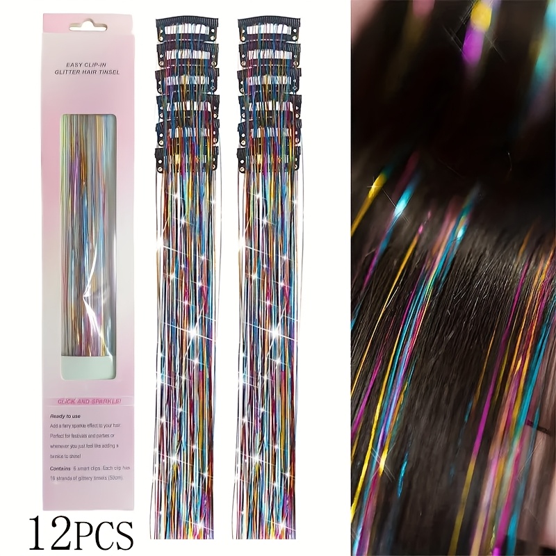 TEMU Set Of 12pcs Of 20-inch Colorful Glitter Hair Tinsel Clips, Perfect For Festival Gifts And Party Additions For Women
