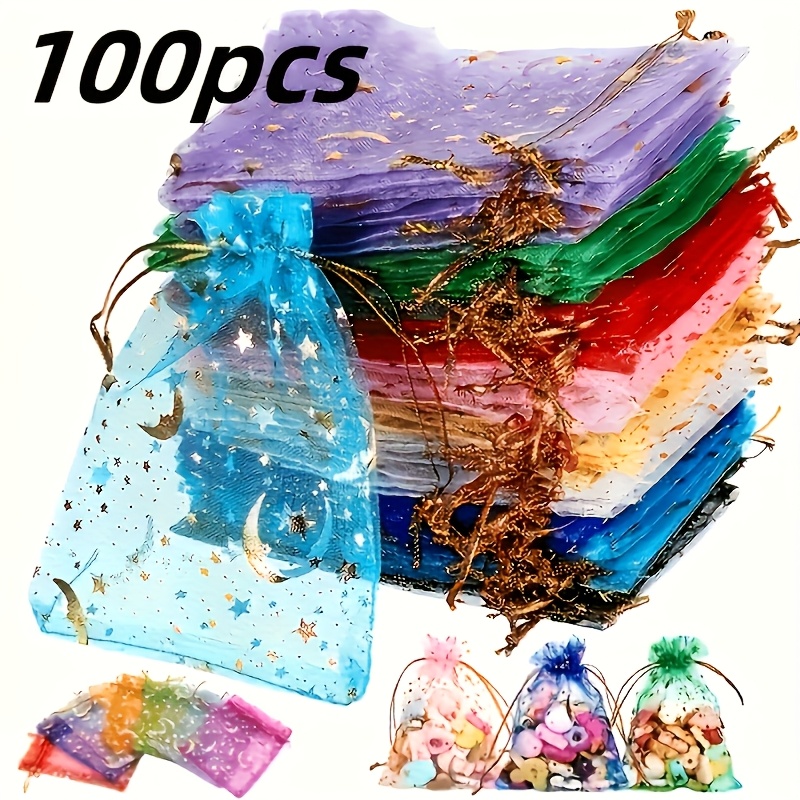 E-shop Geschenk für Sie/Ihn ITECHJOY 100 Stück Mond Stern Organza Kordelzugbeutel - Lebendige gemischte Farben mit goldenen Stern- und Mondakzenten,