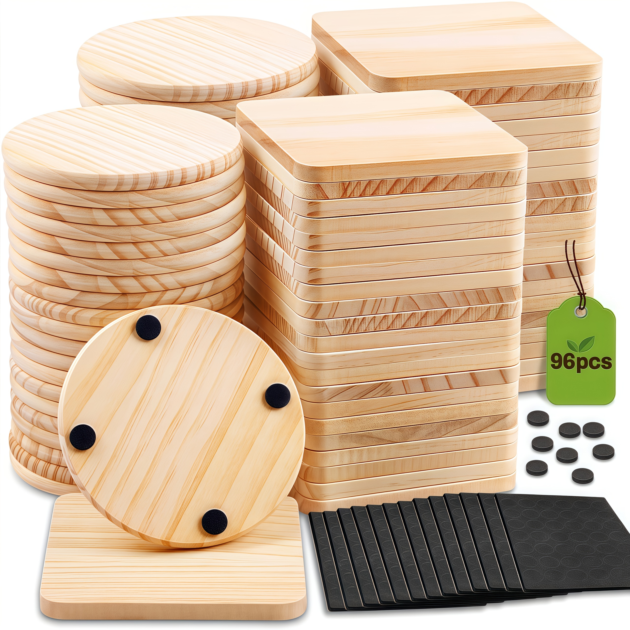24 48 96pieces unfinished wood coaster blanks 4 inch   with non slip foam stickers diy craft supplies for painting engraving burning decor ideal handmade gifts home decor for christmas halloween easter mothers day craft gift