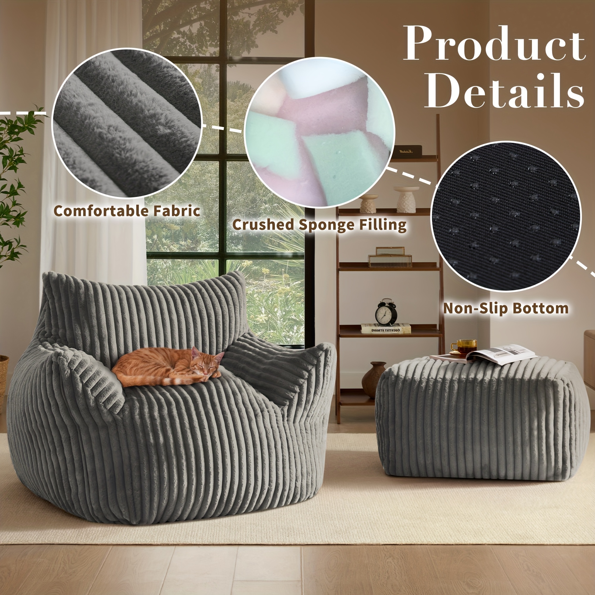 living giving giant plush bean bag chair with footstool for adults with armrests oversized comfy beanbag lounge lazy floor sofa chair for living room bedroom restaurant dorm cozy fluffy single cloud mini couch details 3