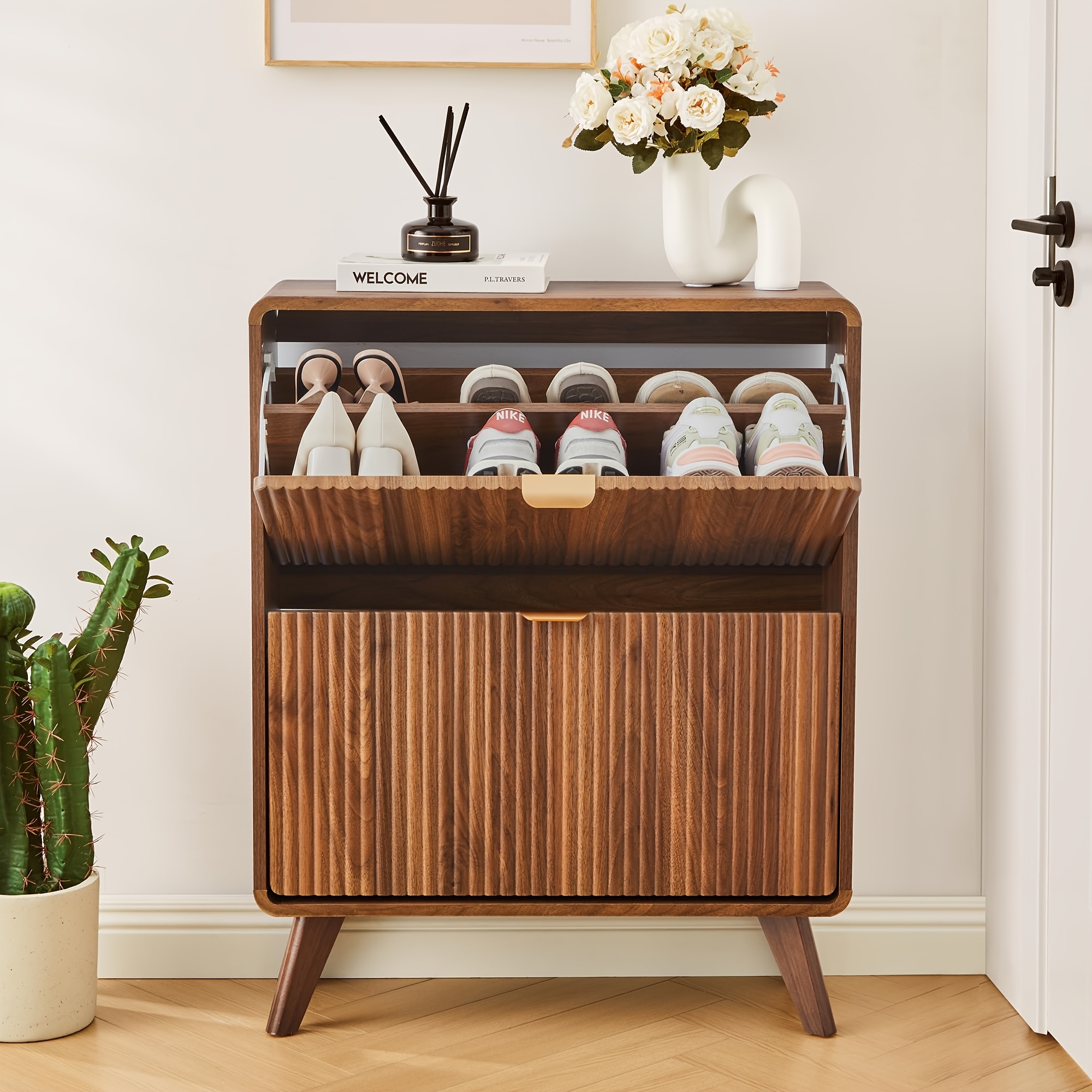 Fluted Shoe Storage Cabinet With 2 Flip Drawers, Narrow Curved Shoe Cabinet For Entryway, Freestanding Wood Hidden Shoe Organizer Closed Shoe Rack Cabinet For Foyer, Hallway