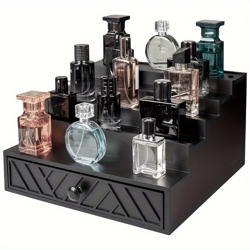   5-tier solid wood cologne storage rack with hidden drawers & soft velvet-lined interior -   vanity organizer with decorative patterns,   display stand for perfume, skincare, jewelry & accessories - space-saving bathroom & bedroom storage, contemporary dresser organizer,  , jewelry boxe, jewelry organizer storage, jewelry box for women Product details 0