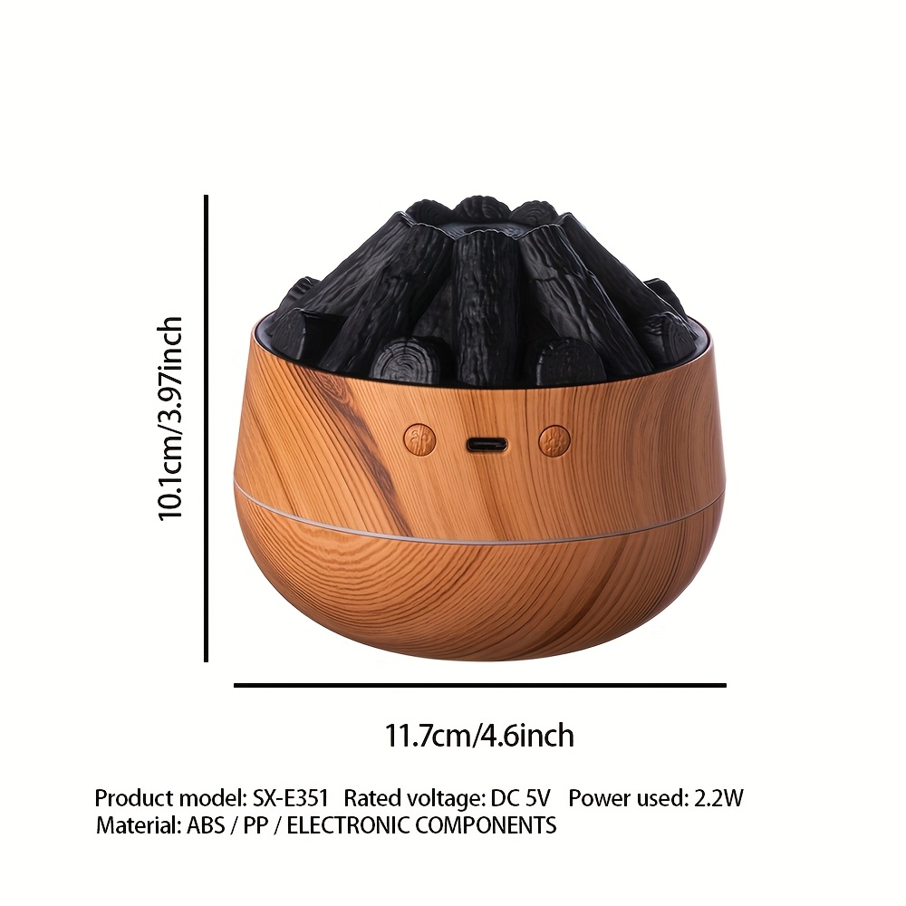 Umidificator Carbon Fire, Umidificator Lemne de Foc, Design Granule de Lemn cu Flacără, Umidificator Silențios Mic de Birou, Tensiune de Operare ≤36V, Nu Necesită Baterii