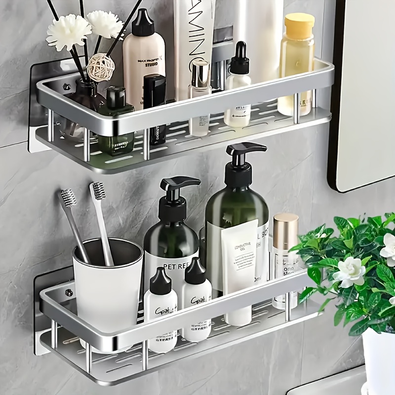 

Large Capacity Aluminum Wall-mounted Storage Rack With Hooks, No-drill Installation, Space-saving Organizer For Bathroom And Kitchen, Ideal For Toiletries, Cosmetics, And