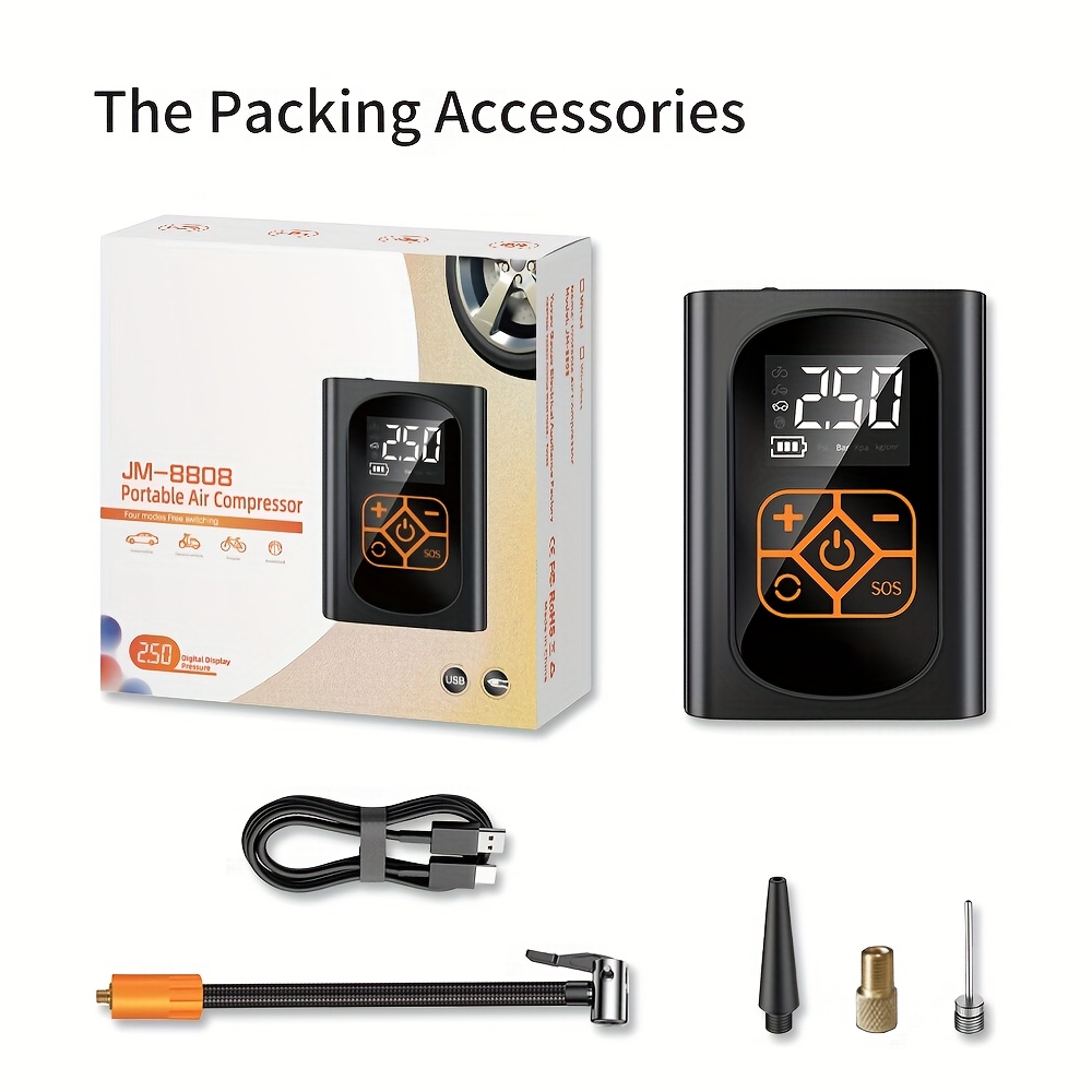 TEMU 1pc Portable Car Tire Inflator With Led Light Digital Display, Lighting, Portable Electric Air Pump, Usb Charging, Safe And Air Compressor For Cars, Motorcycles And Ball Games