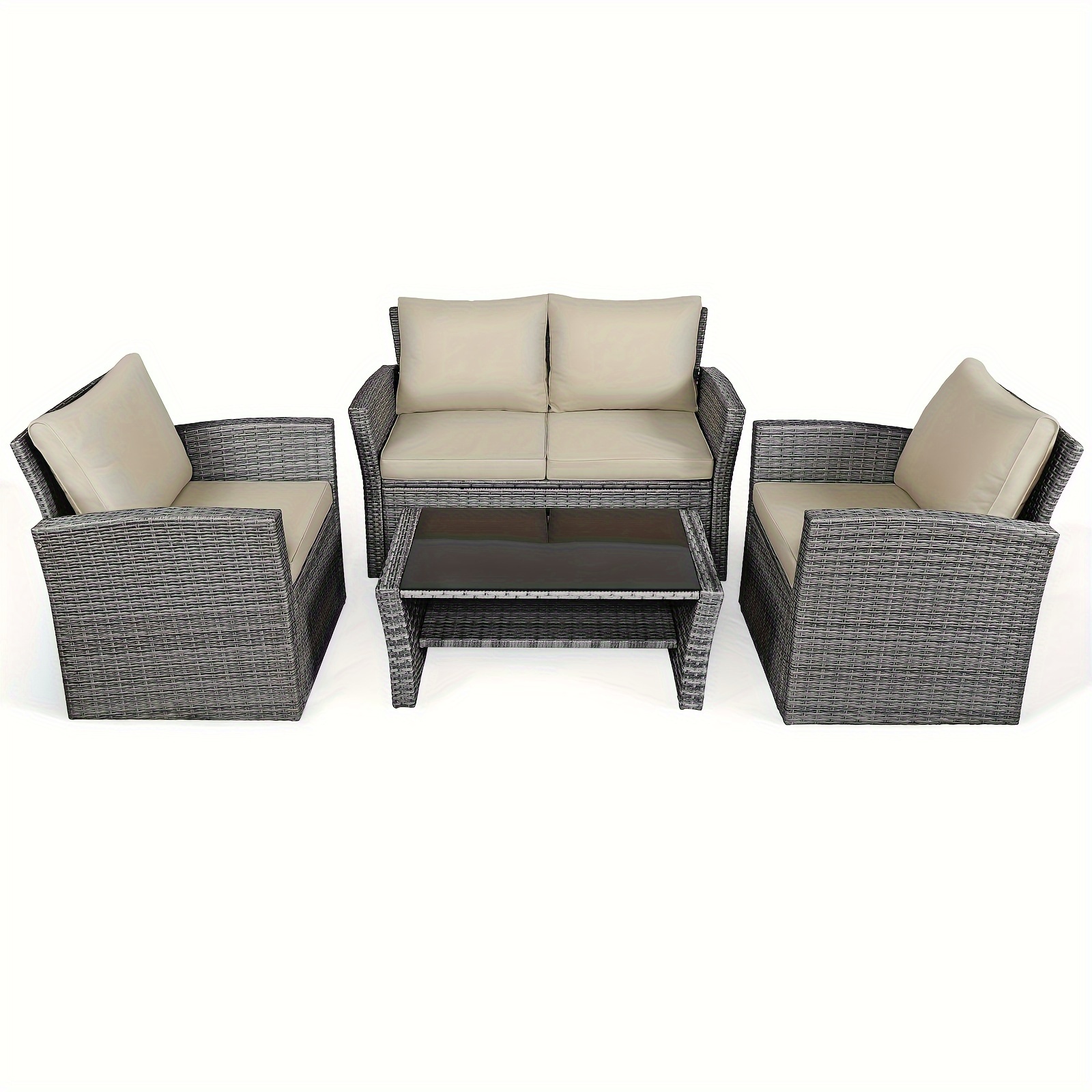 

4pcs Patio Rattan Furniture Set Sofa Table Storage Shelf Khaki Cushion