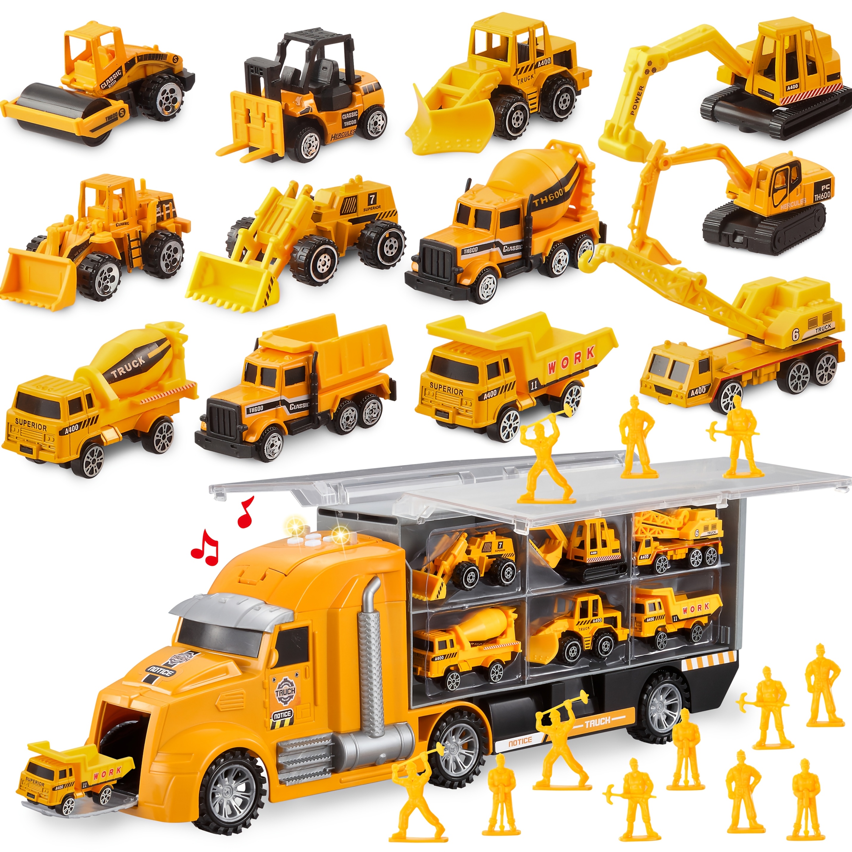 TEMU 1 Big Construction Truck With 12 Vehicles & 12 Worker Figures Toy Set For Kids, Vehicles With Sounds And Lights In Carrier Truck, Car Toy,