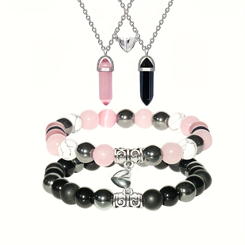 TEMU 4 Piezas Collar y Pulsera de Pareja Vintage Bohemio - Joyería Multinivel para Regalo de San Valentín, Accesorios Y2K en Capas (Piedra/Sin Baño)