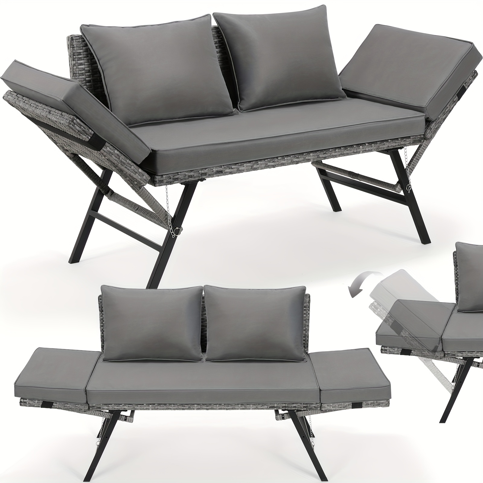 E-shop 2-in-1 Klappbarer Liebessitz, Rattan-Gartenbank, Terrassen-Liebessitz, Verstellbare Armlehnen, Weiche Bequeme Polsterung, Balkonsessel, Geeignet