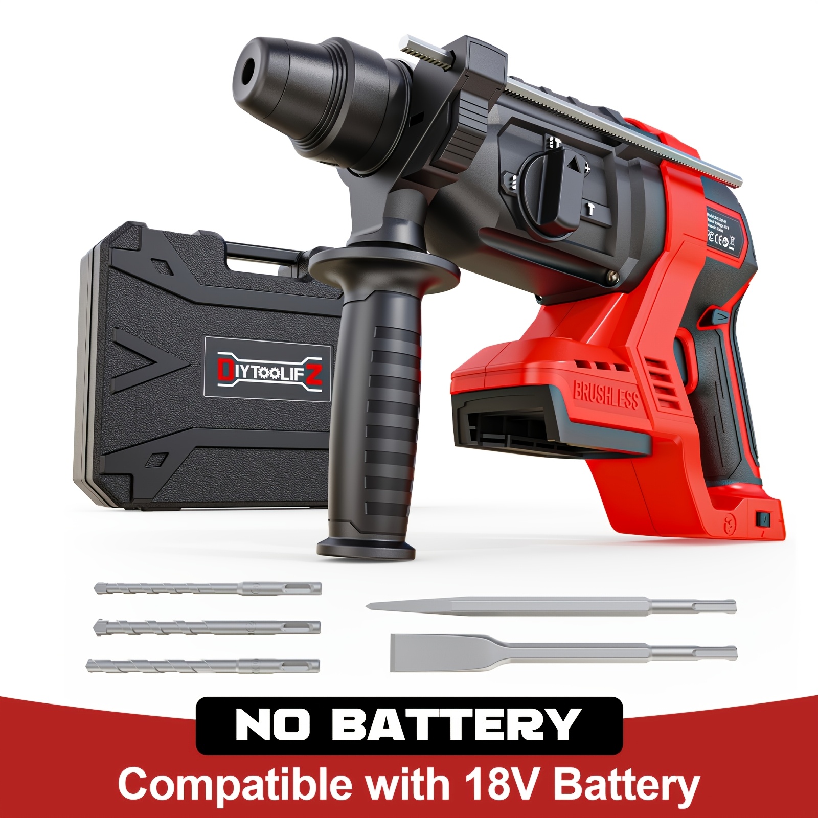 TEMU Cordless Rotary Hammer Drill Compatible With 18v Battery, Sds Plus 1 Inch Brushless Hammer Drill 3.2 For Concrete Masonry, 6- Drill With 4 Drill