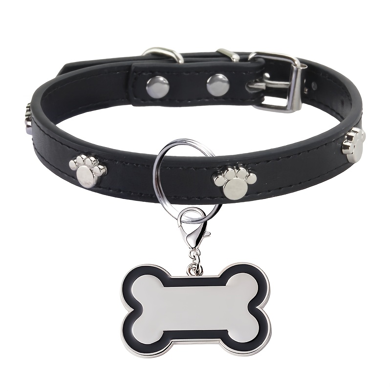 TEMU Customized Faux Leather Dog Collar With Bone-shaped Pet Tag, Double-sided Engraved And Phone, Metal Decoration Anti-lost Tag, Fashion Accessory