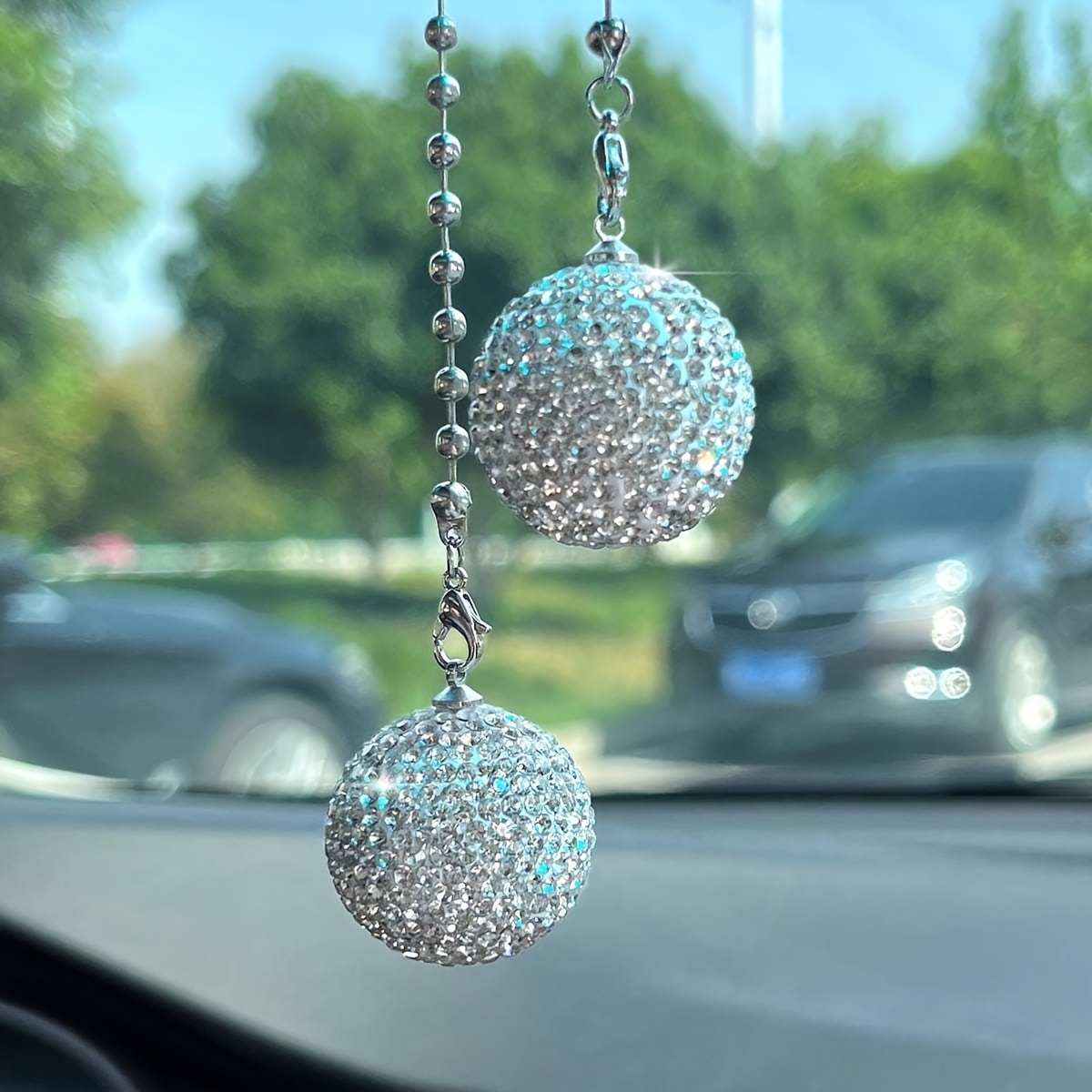 Image of A Crystal Ball Rearview Mirror Pendant For Cars, Made Of Artificial Glass Rhinestones, A Accessory For Women