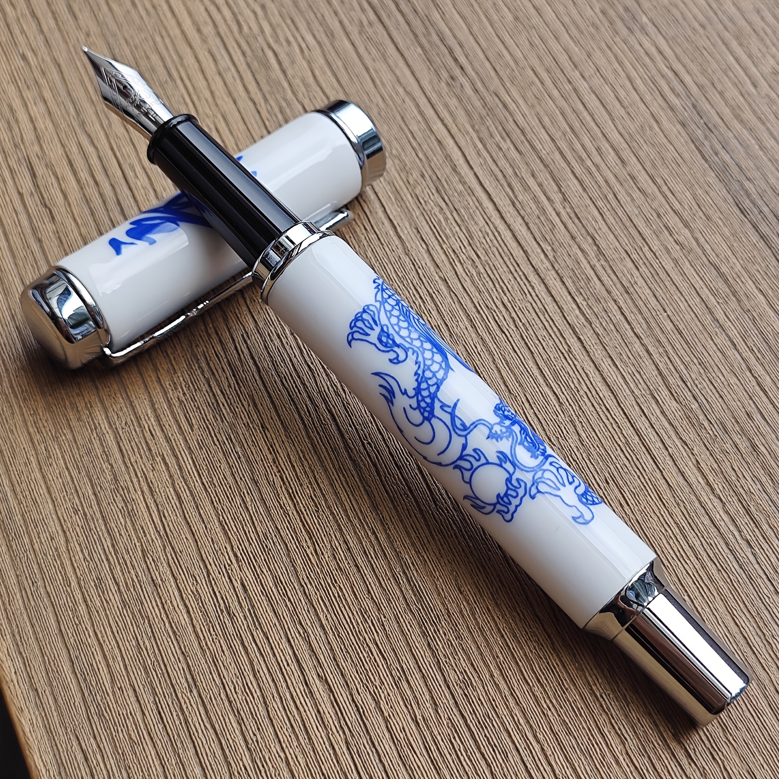 Image of Jinhao 950 Blue And White Ceramic/chinese Painting Fountain Pen Medium Nib 18kgp - Dragon & Lotus & Shrimp