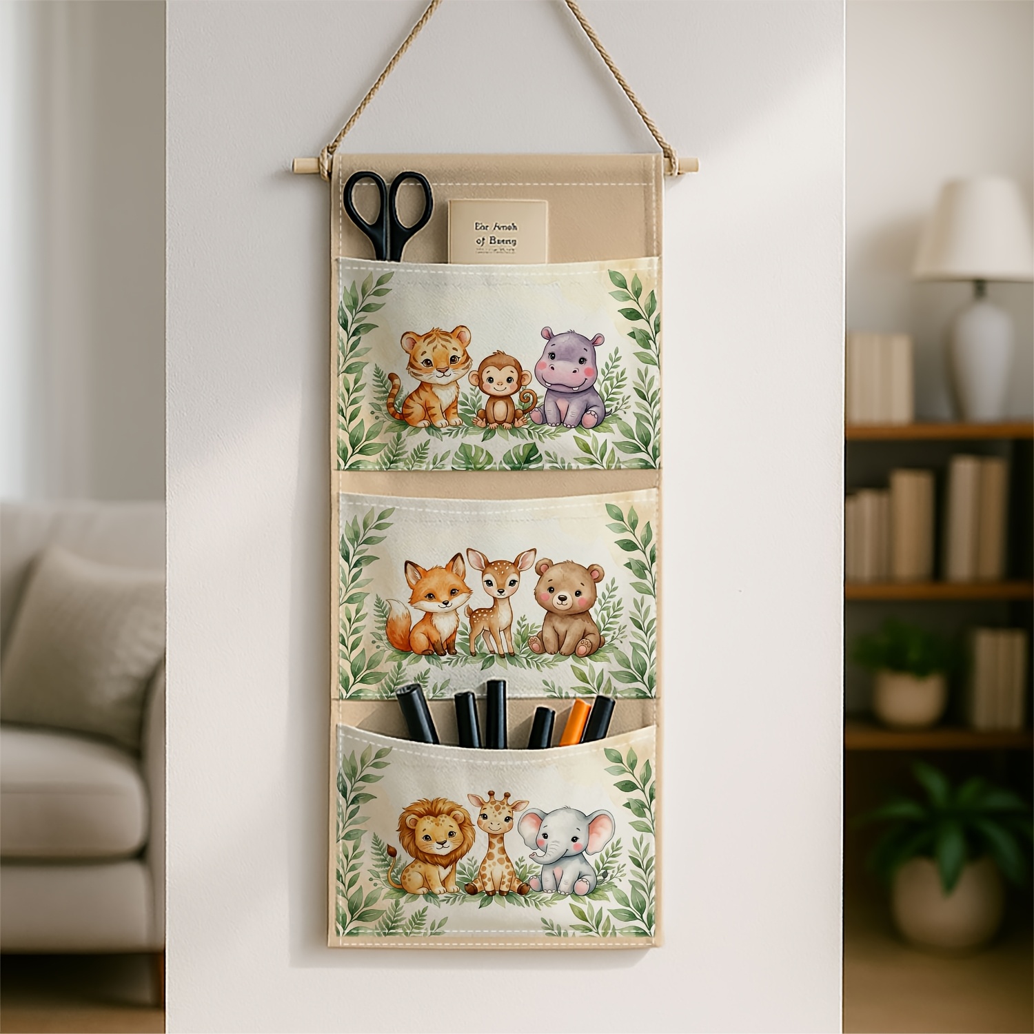 TEMU 1pc Woodland Nature Wall-mounted Storage Bag, Lion Elephant Tiger Fox Bear Decorative, Fabric Hanging Storage Unit For Living Room, Bedroom, And