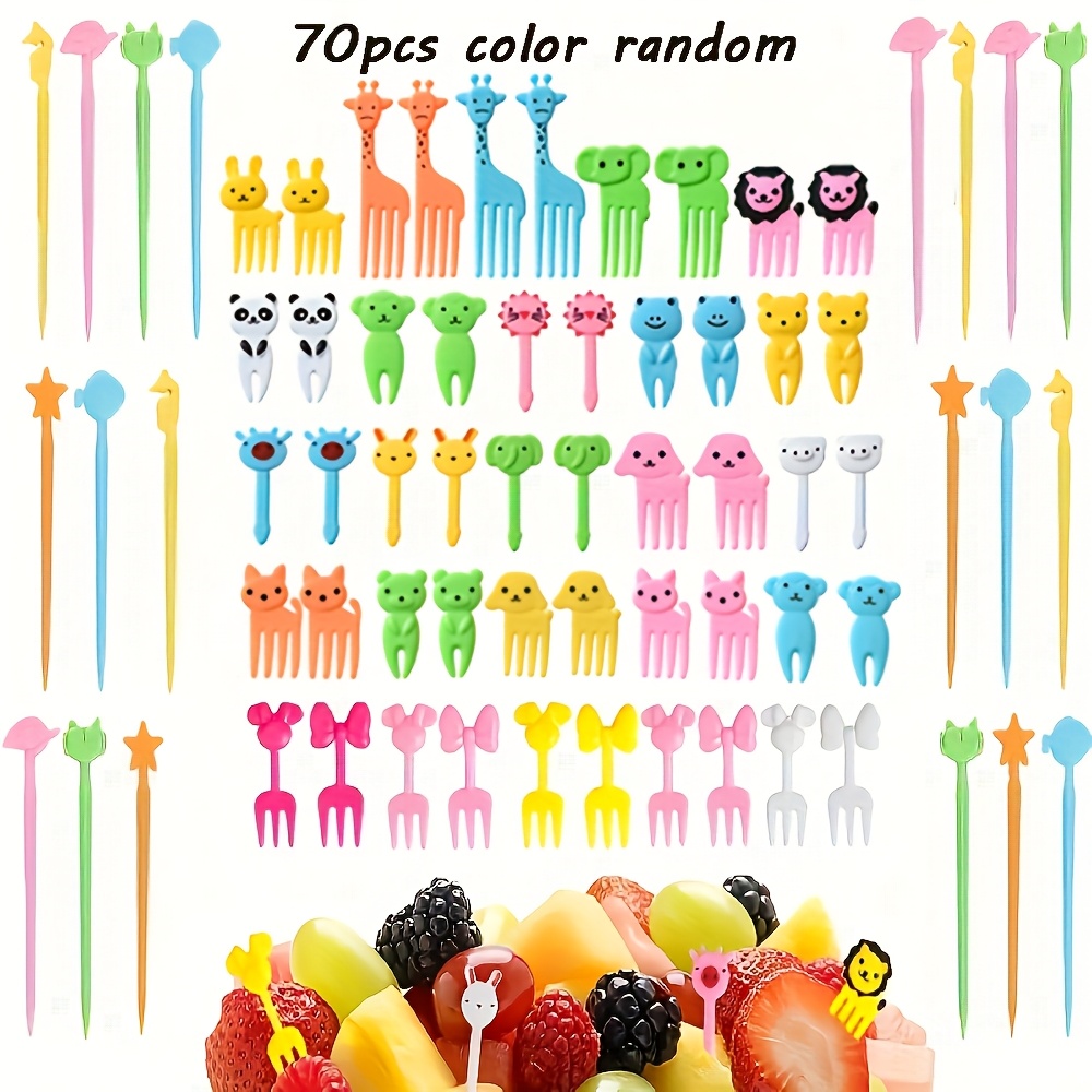 70pcs Mini Random Plastic Fruit And Dessert Fork Set - Reusable, Cute Food Picks For Parties, Lunch Boxes, And