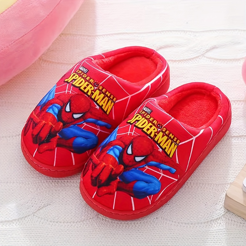 Pair of Kids' Plush Slippers with Spider-Man Print Design, New Autumn/Winter Style for Boys - Black/Blue/Red Options, Easy Slip-On Baby Shoes, Lightweight and Comfortable Indoor Floor Mats, Perfect Holiday Gift, Ideal for Fall Winter Summer, Fashion Statement, Winter Accessory, Cartoon Print, Kids Footwear, for Teenager, for Outdoor