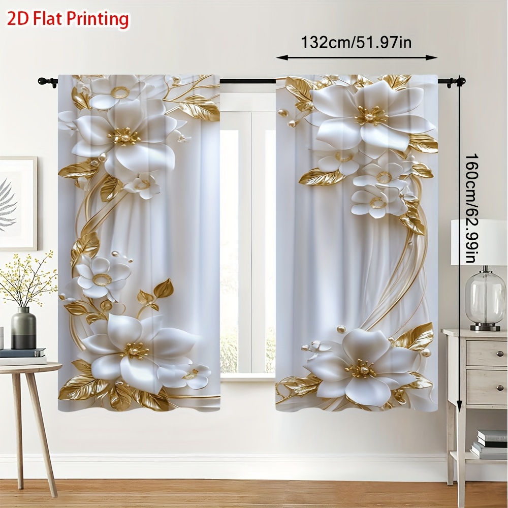 TEMU 2d Flat, 2pcs 2d Flat Printing Golden Floral Frame Art Semi-blackout Curtains With Rod - Room Decoration, Perfect For Art Spaces, Kitchen,