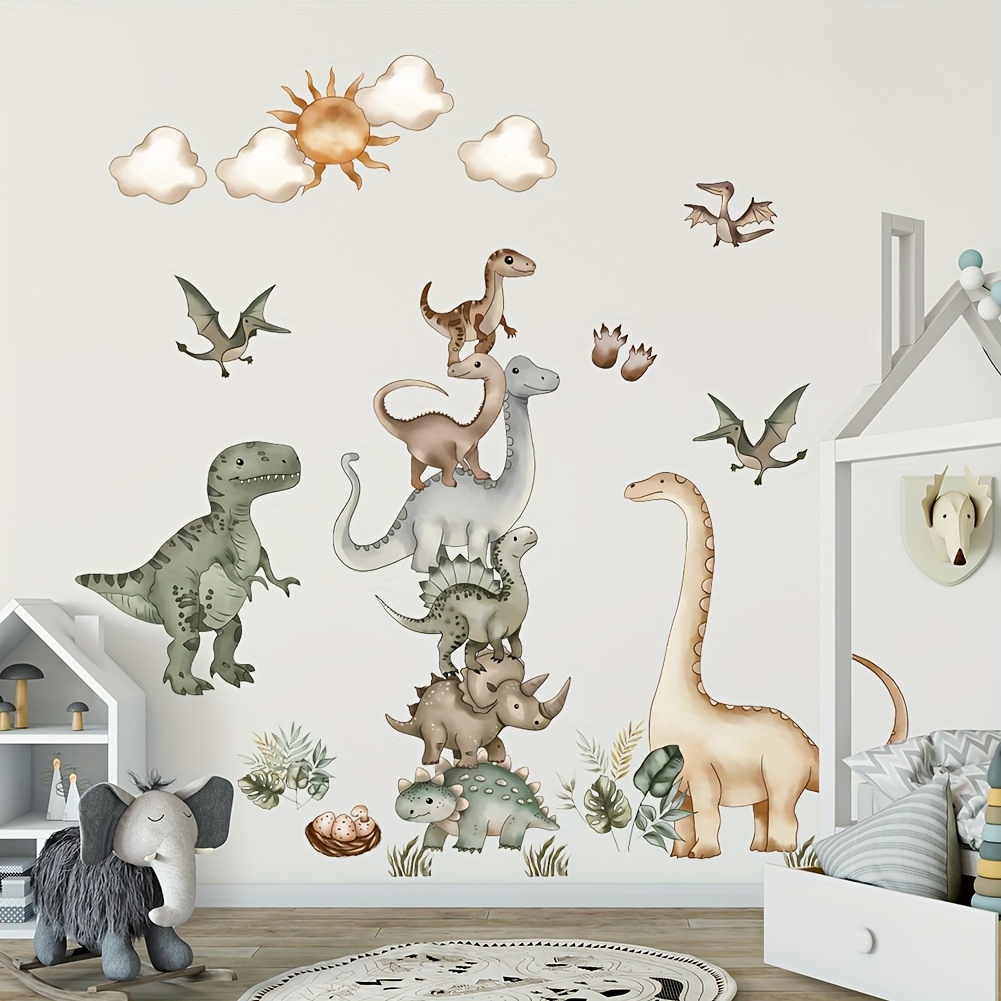 wall stickers featuring forest animals and dinosaurs   decorating the background wall of a bedroom or living room 0
