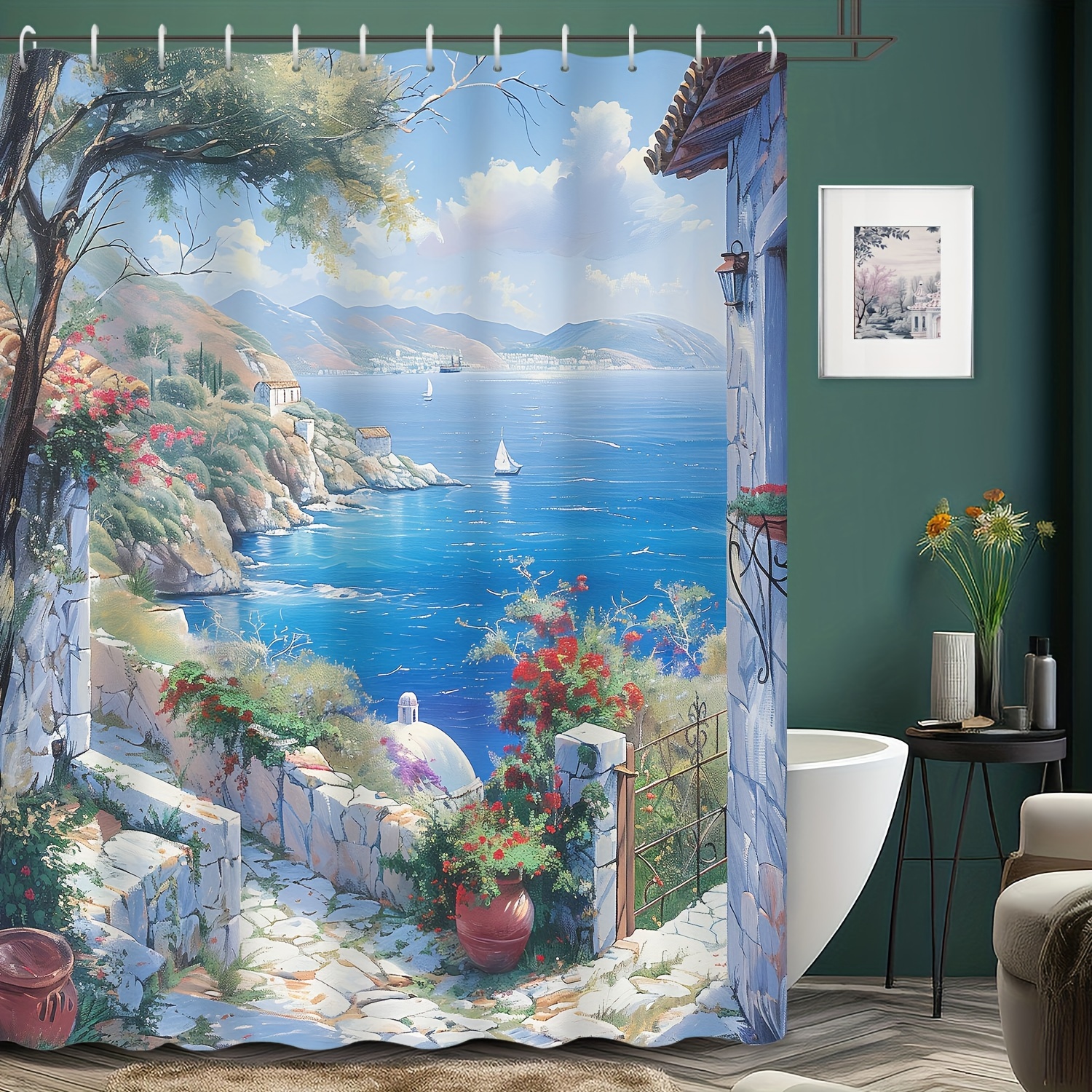 

1pc Seascape Pattern Shower Curtain, Water-repellent Shower Curtain Includes Hanging Hooks, Mildew Resistant Bath Divider, Decorative Bathroom Partition Accessories