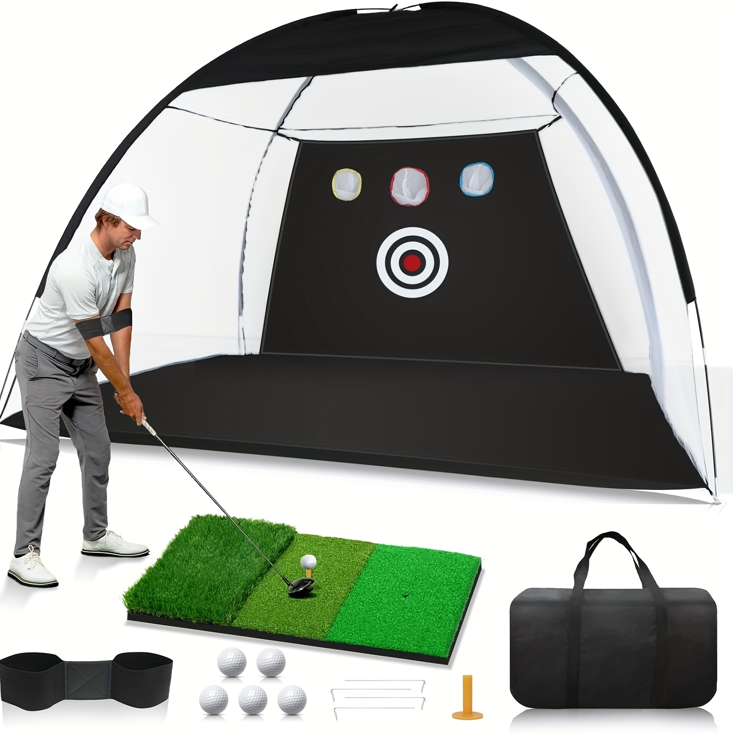 item picture full   practice net set including training mat equipment and   10x7 feet heavy duty drive net portable storage bag indoor outdoor golf training equipment suitable for backyard or home use gender neutral