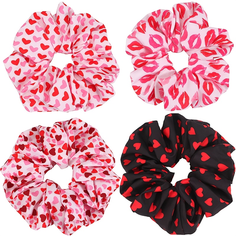 

2pcs Valentine's Day Themed Scrunchies - Large, Hair Ties With Heart & Designs In Pink And Black, Soft Chiffon Fabric, Ideal For - Perfect Gift For Her, Hair Accessory| Design| Band