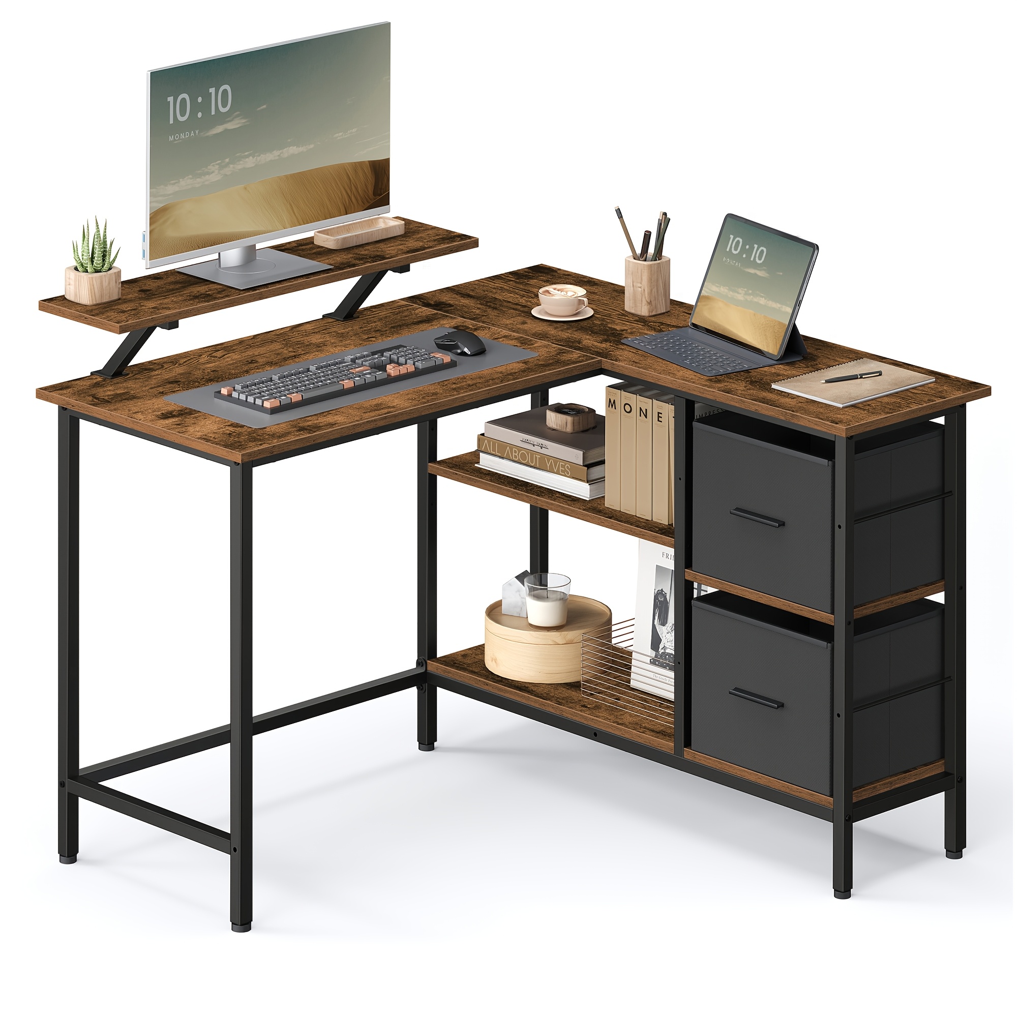 E-shop L-förmiger Schreibtisch mit 2 geräumigen Schubladen, Gaming-Schreibtisch mit Monitorständer, Ecktisch, Computertisch mit verstellbarem