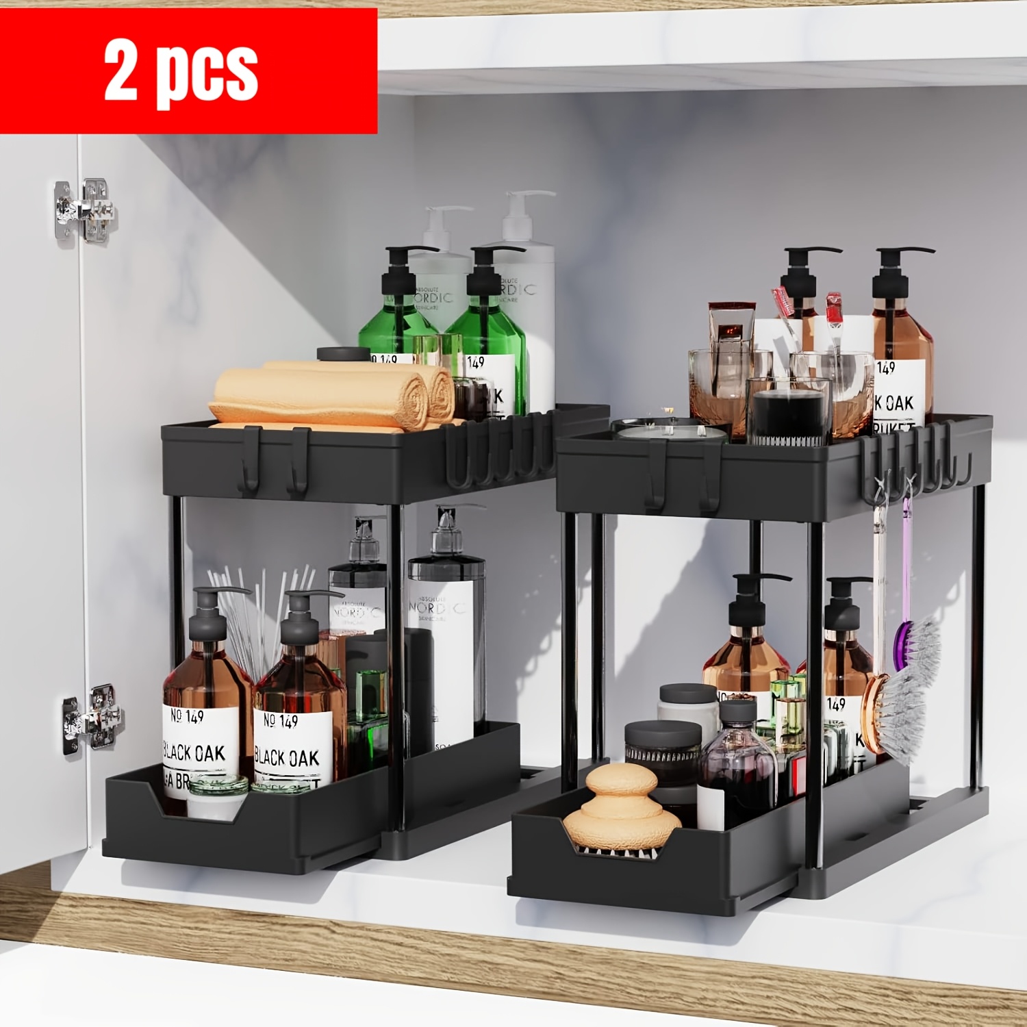 Image of 2 Pack Under Sink Organizers And Storage, 2-tier Sliding Cabinet Basket Organizer With Hooks, Under Sink Organizers And Storage For Bathroom Kitchen
