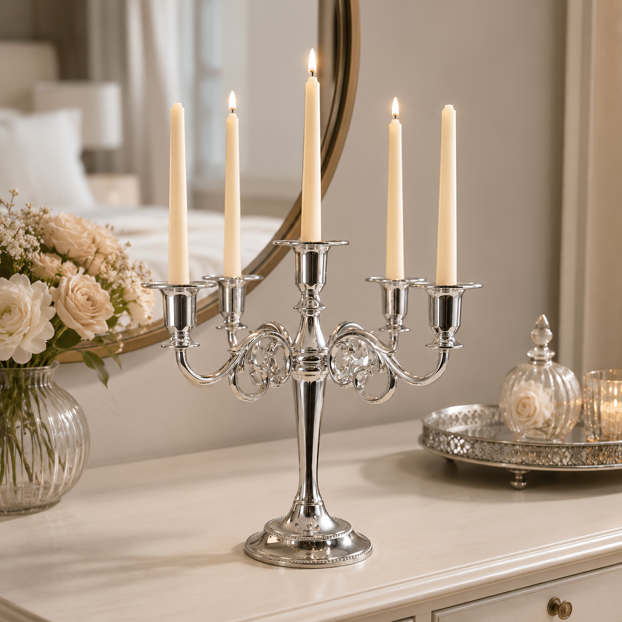 TEMU Silver 5-arm Candelabra Candle Holder, Elegant 5-light Taper Candle Stand Centerpiece For Wedding Table, Dining Room, Party, Holiday, Mantel &