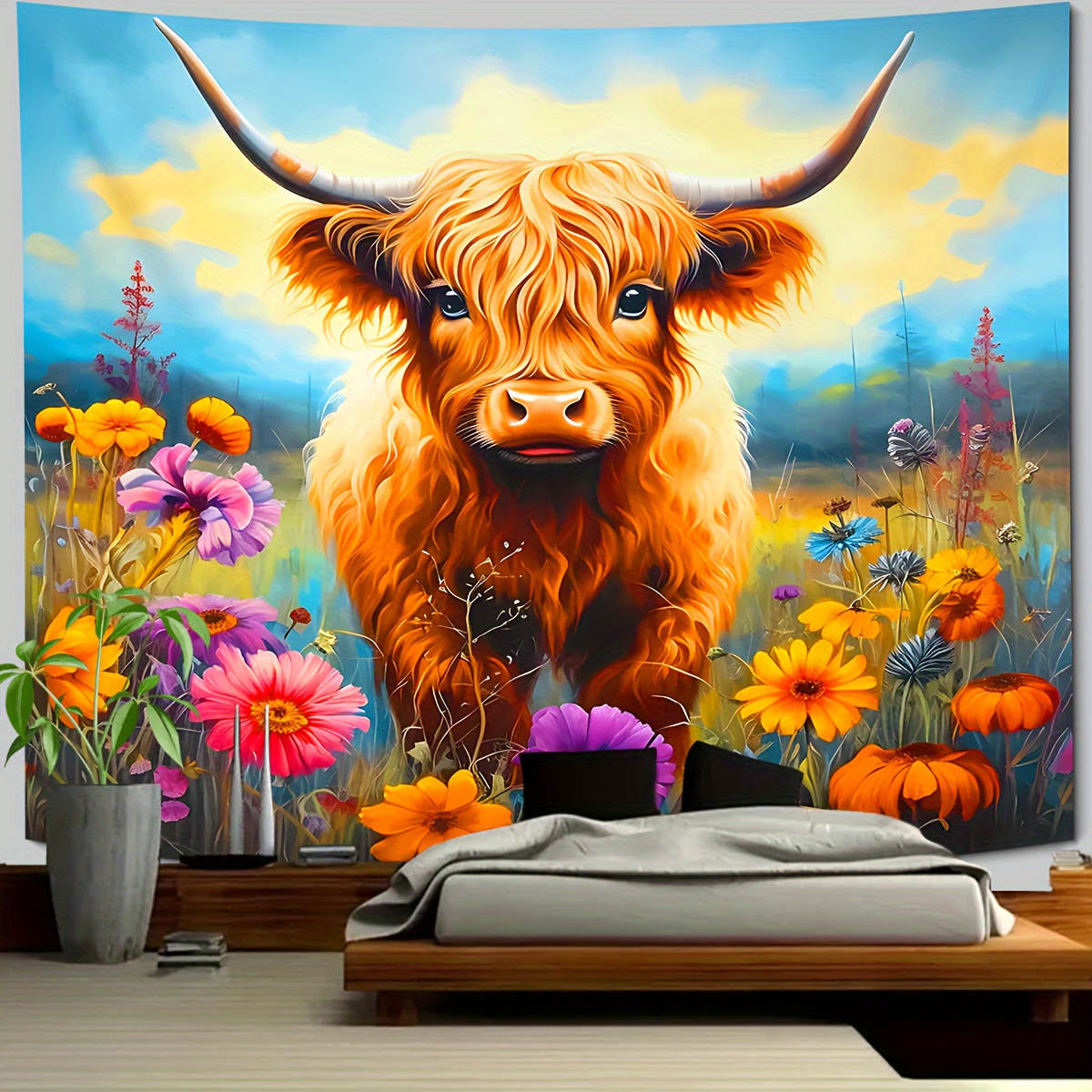 

Highland Cow Tapestry Wall Hanging, Animal Print Polyester Woven Decorative Tapestry For Living Room, Nature-inspired Atmosphere Backdrop With Free Installation Accessories - Indoor Use Only