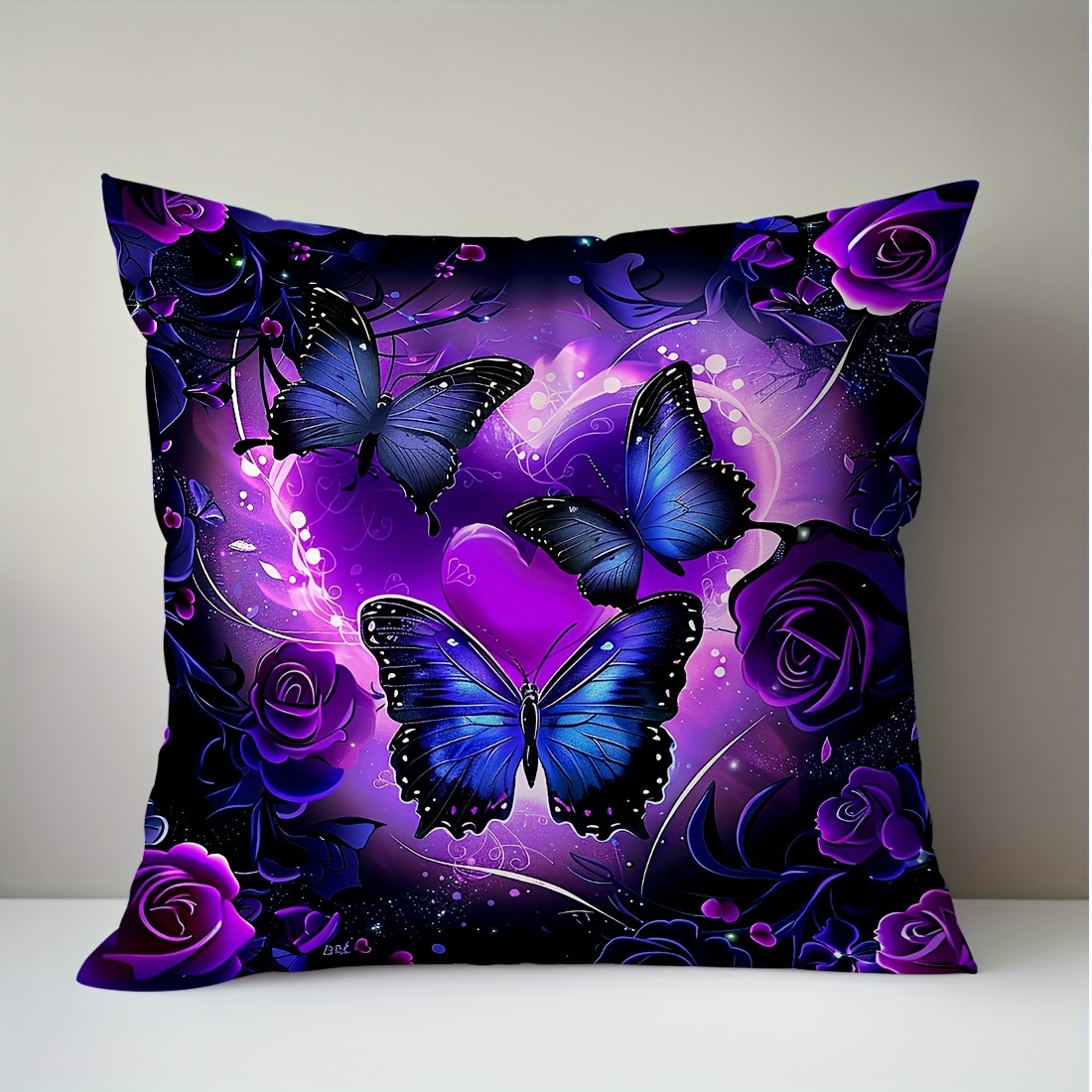 

1pc Contemporary Style Purple Rose And Butterfly Print Cushion Cover, Velvety Soft Pillowcase 45x45cm, Decorative Sofa Throw Pillow Cover, Single-sided Design