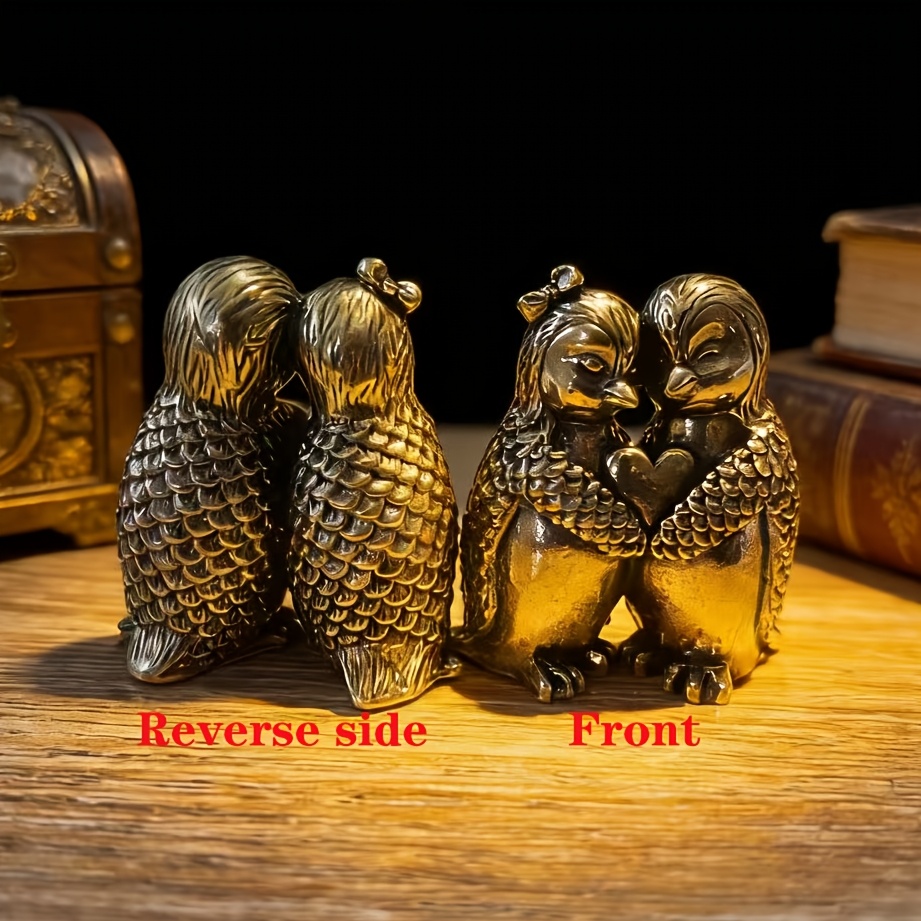 Image of Vintage Brass Couple Penguin Statue | Heart-shaped Hugging Design For Home Decor, Ideal For Living Room, Bedroom, And Office Desk, Perfect For Valentine's Day, Anniversary, And Housewarming Gifts