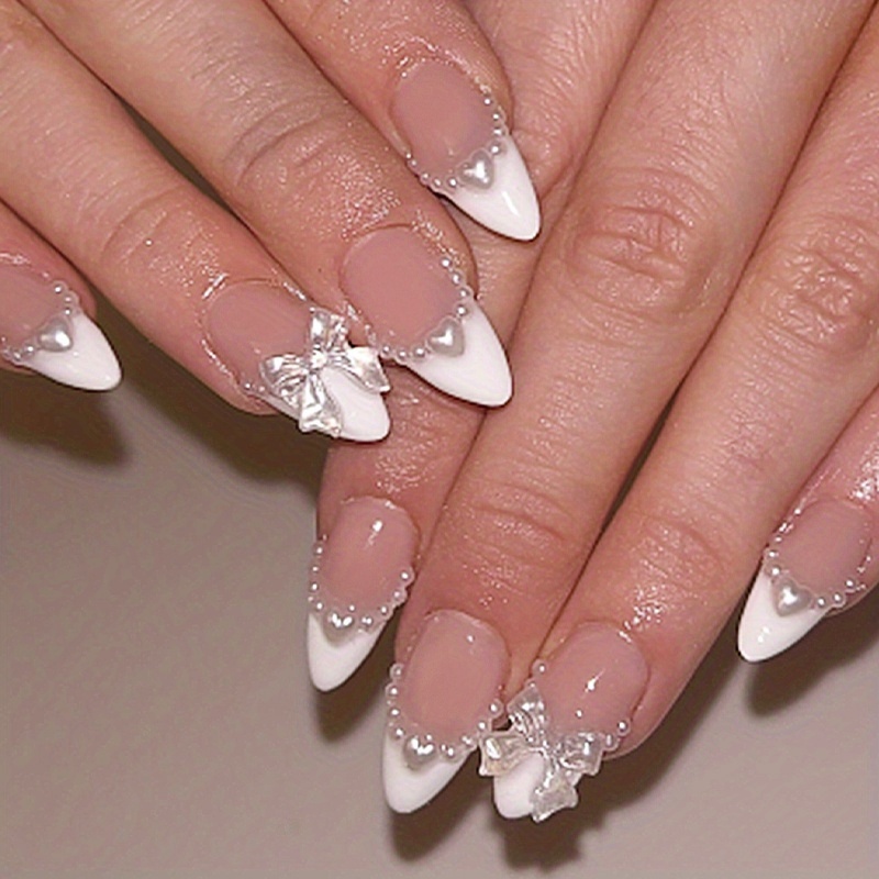 TEMU 24pcs White Tip Nails Medium Almond Press On Nails Acrylic Full Cover With 3d Bow Heart Surface Glossy Reusable Fashion Elegant Style For Woman
