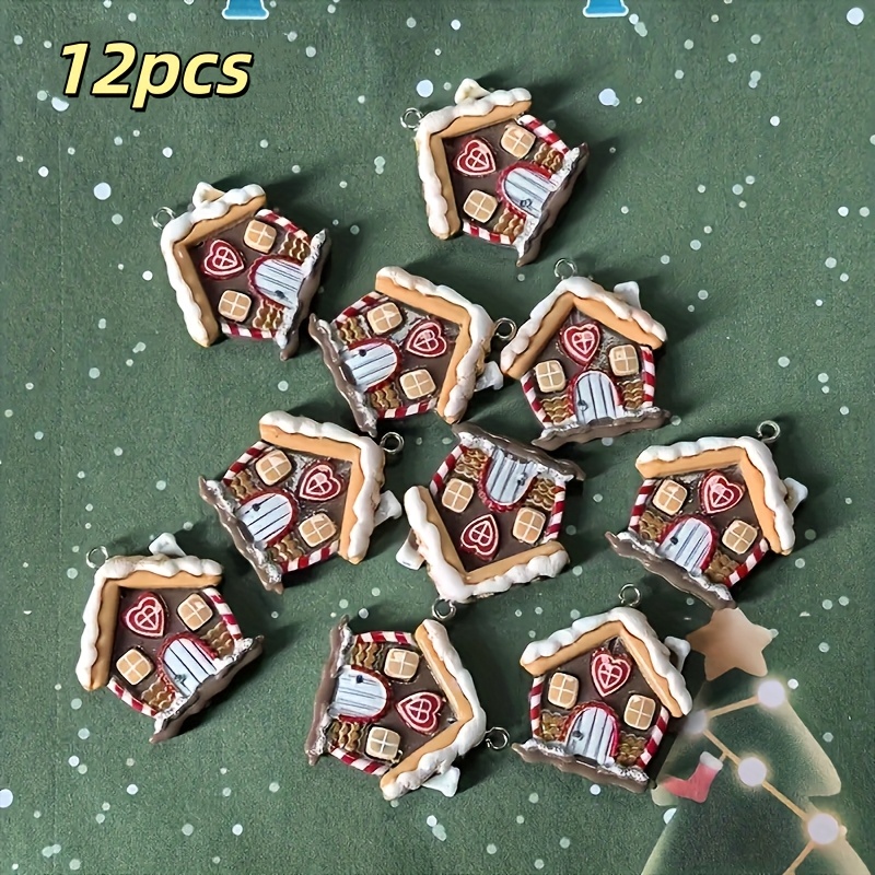 TEMU 2d Flat, 20pcs/12pcs Mini Gingerbread House Resin Diy Pendants - Flat-back Mini Gingerbread People And Roof Decorations With Doors, Suitable For