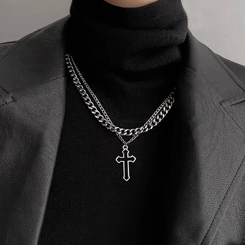 elegant double layered cross pendant necklace alloy iron religious jewelry for men and women