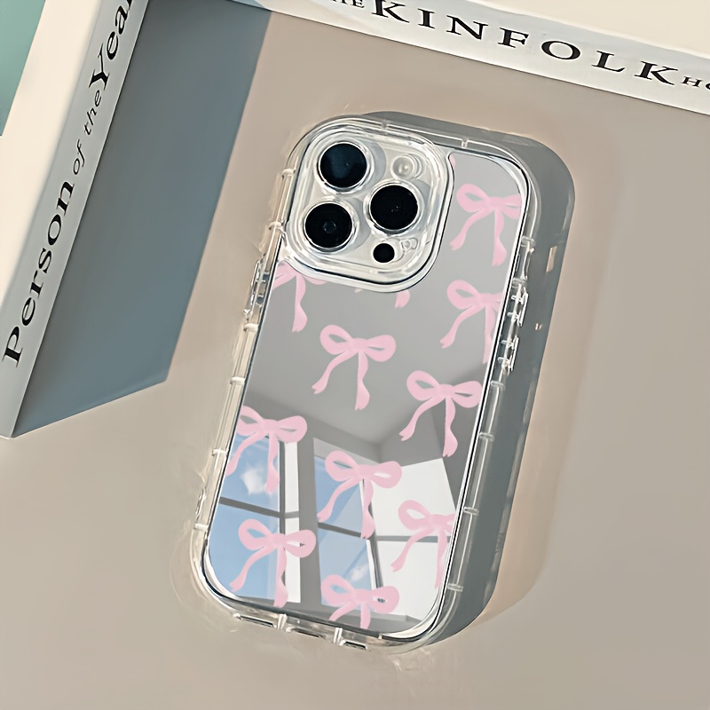 TEMU Phone Case - Pink Bow Suitable For Iphone 16 Pro Max/15pro/14 Plus/13/12/11/7plus/xsmax/xr High-quality Mirror Phone Case, Shock-absorbing, Anti