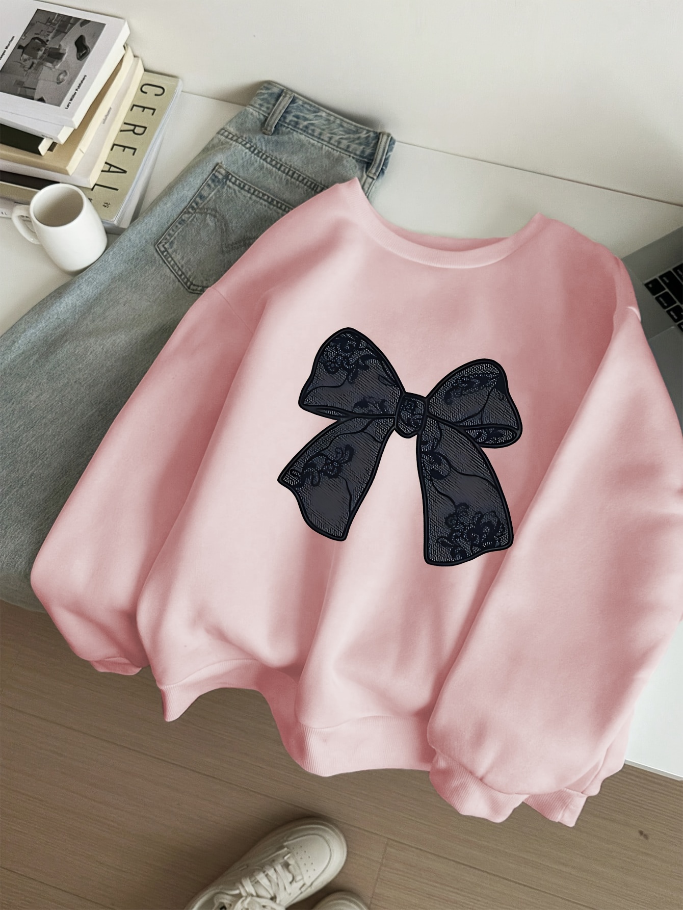 schwarze schleife bequemer pullover sweatshirt mädchen lange