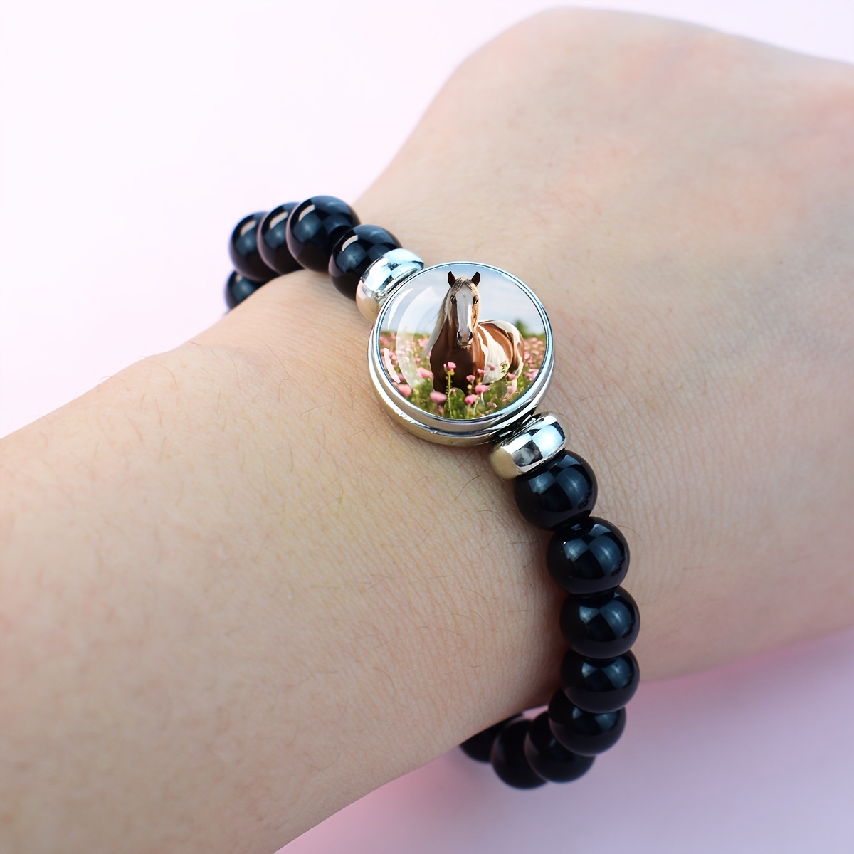 Horse in Flower Field Beaded Bracelet, Elegant Gift
