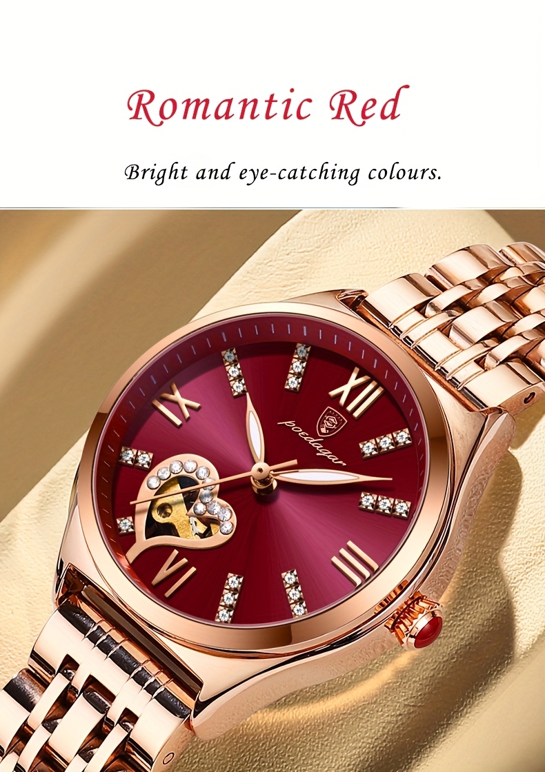 POEDAGAR Elegant Women's Quartz Watch - Rose Golden-Tone Stainless Steel, Luminous Hands & Calendar,, Date Display with Heart Detail