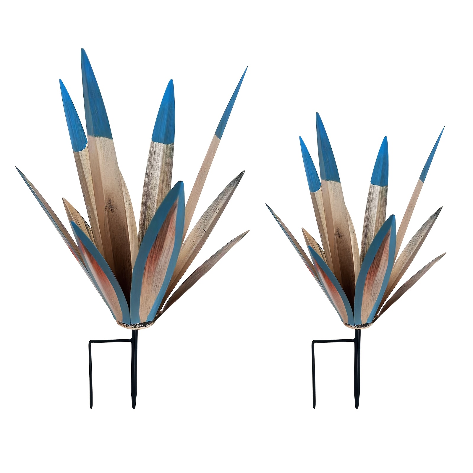 Image of Set Of 2 Agave Rustic Sculptures (one Large 1 Small), Hand Painted Metal Agave Plant For Home & Garden Decor, Outdoor Yard Art Stakes, Lawn Ornaments
