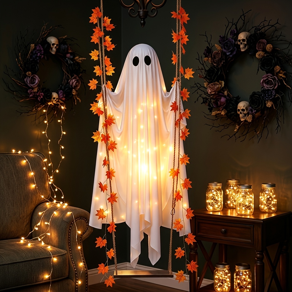 foto e artikullit fshikëzues fantazmë për dekor halloween-i,   led të integruara me   të ngrohtë, stil   varës me gjethe panje vjeshte, dekor ndriçimi festash, i përshtatshëm për dekorimin e festës së halloween-it, me një atmosferë të mirë festash