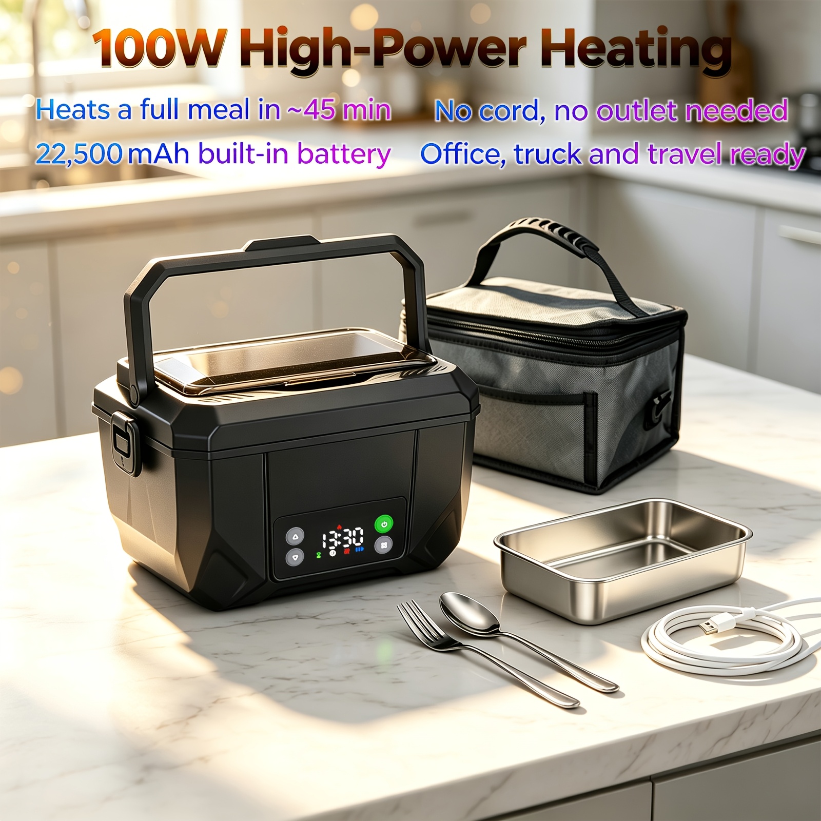 TEMU Boîte à repas chauffante portable fil 100W pour homme, boîte à repas avec batterie rechargeable 22500mAh, réchaud à nourriture 1,35L avec