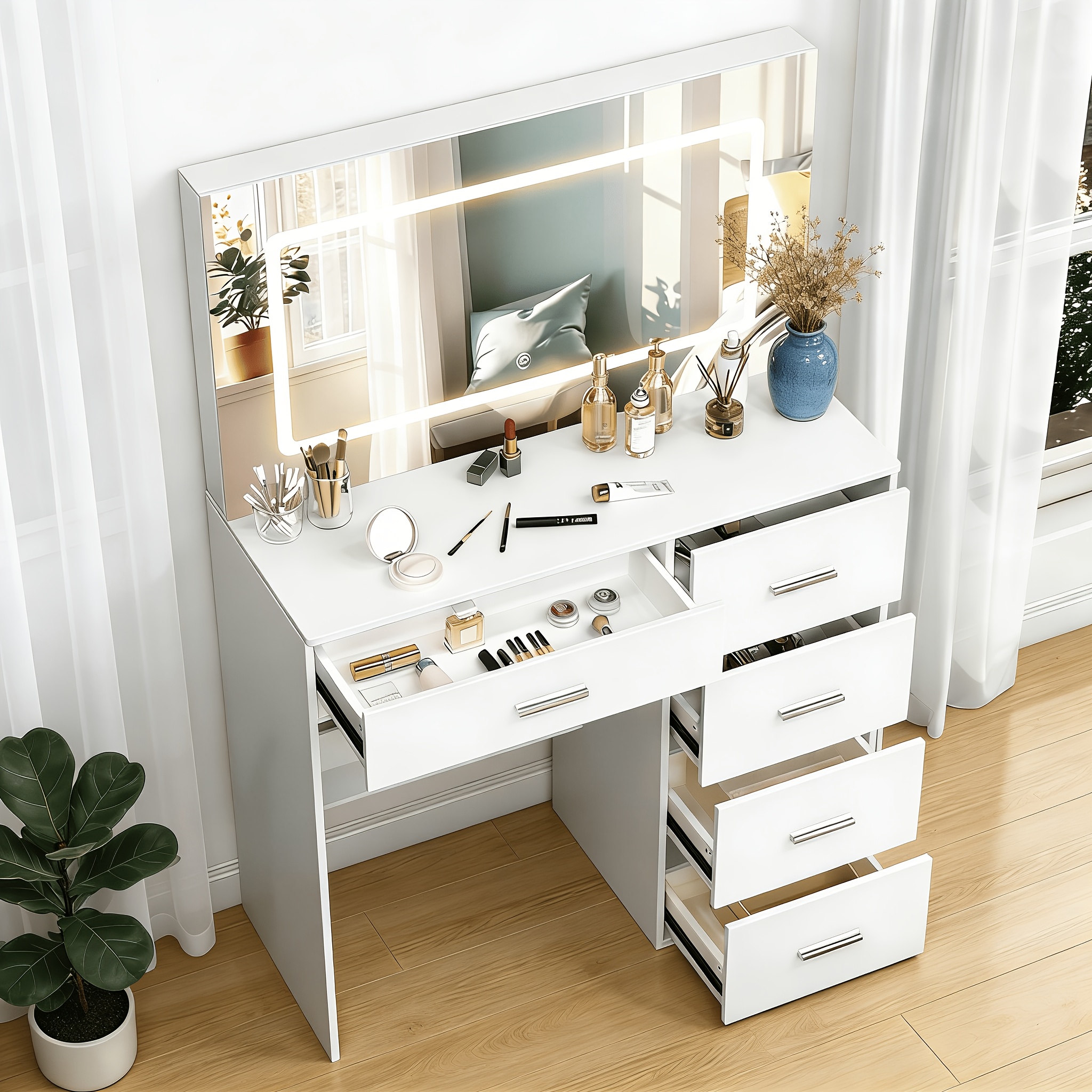 Makeup Vanity with Mirror and 3 Lighting Modes, 5 Drawers