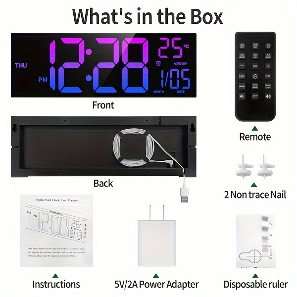 grande orologio da parete 16 con telecomando wireless display a 8 colori vivaci temperatura data ora legale automatica luminosità regolabile uso interno ed esterno ideale per casa ufficio aula orologio per soggiorno dettagli 8