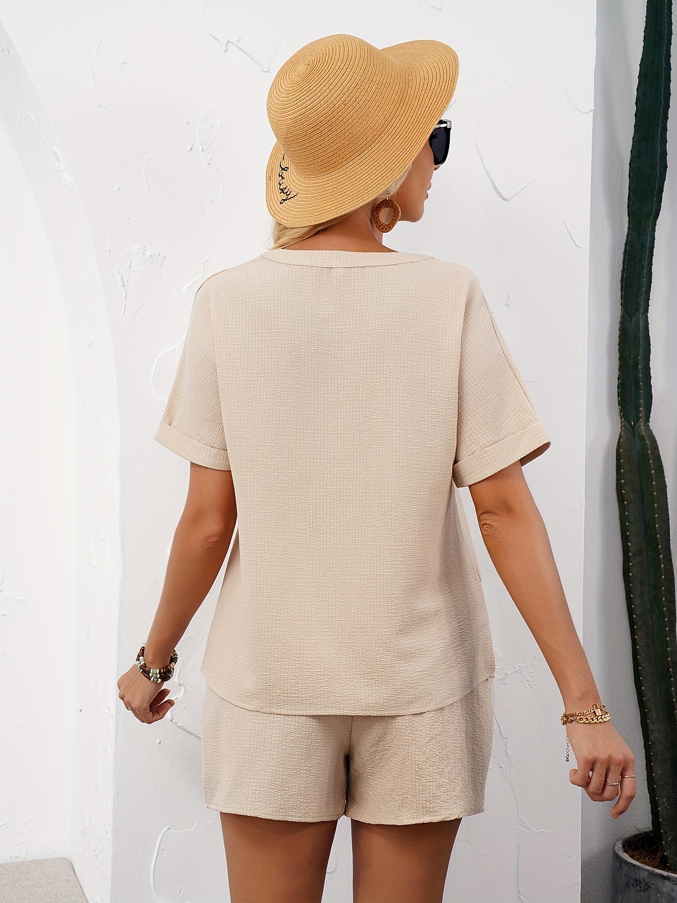 a set of relaxed solid color womens shirt v neck loose top and comfy casual shorts Product details 10