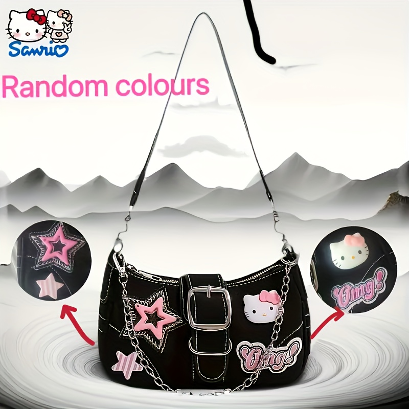 E-shop Sanrio . Sanrio Hello Kitty schwarze Umhängetasche mit Sternen „Yum!“-Design – Y2K-Stil, verstellbarer Riemen, für den täglichen Gebrauch |