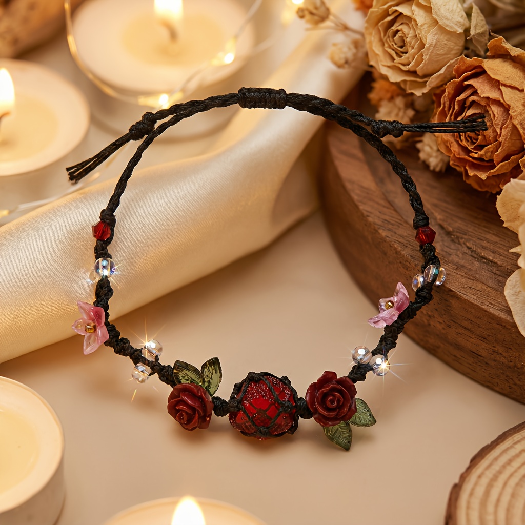 E-shop Vintage-Stil Damen Armband mit Roter Rose, Kunstkristall Rote Rose, Exquisit Handgefertigt Verstellbares Band, Einzigartiger Romantischer