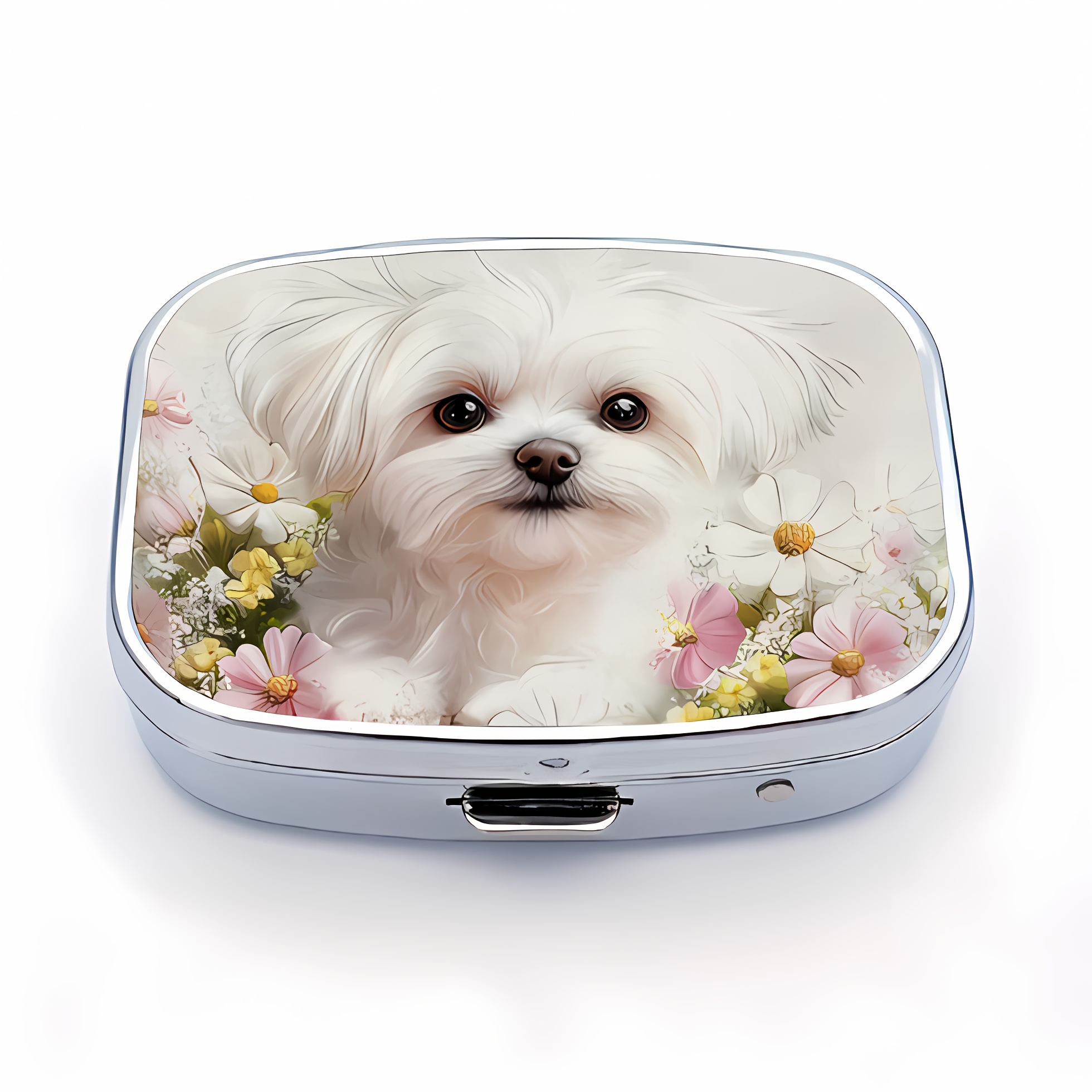 1pc Square Portable Metal Medicine Box With Cute Maltese Dog Printed Metal Medicine Box, 2-compartment Medicine Storage Box, Medicine Box And Pocket - A Must-have For Travel