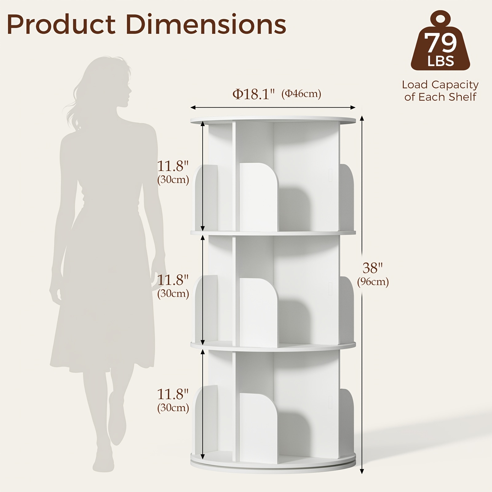 3/4/5 Tier Rotating Bookshelf, 360° Spinning Bookcase for Small Spaces, Vertical Corner Storage Organizer Display Rack for Bedroom Living Room, White