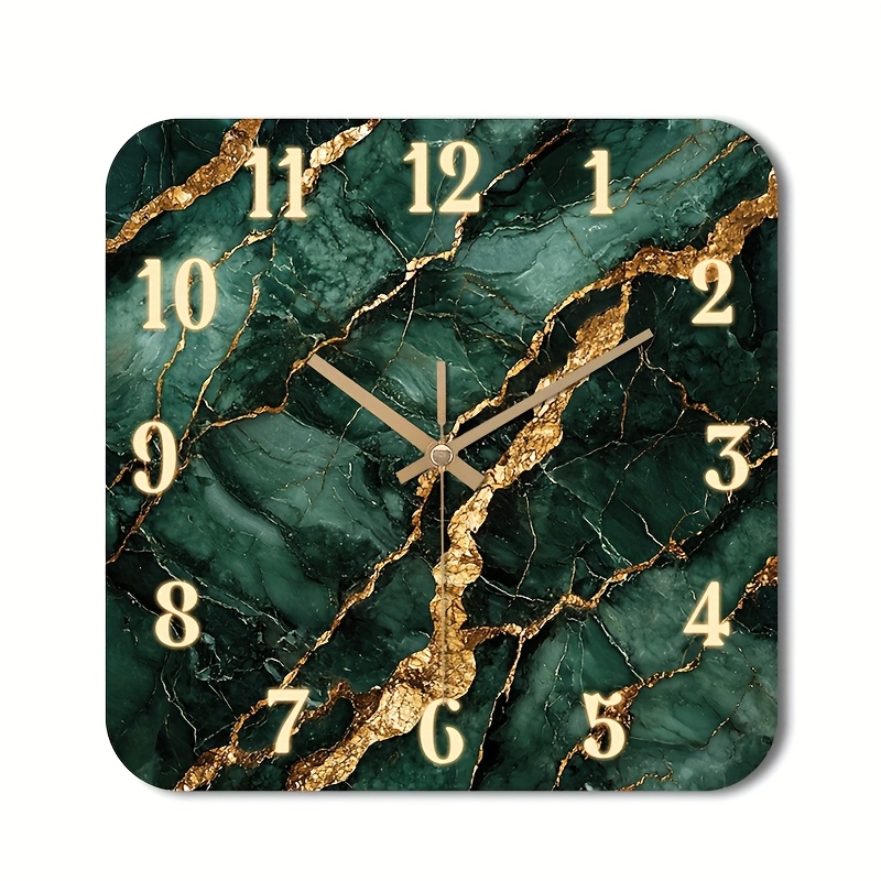 TEMU 1pc Silent Non-ticking Wall Clock - Green Marble With Wood Frame, Hd Glossy Lamination Face Suitable For Living Room, Bedroom, Entryway - Luxury