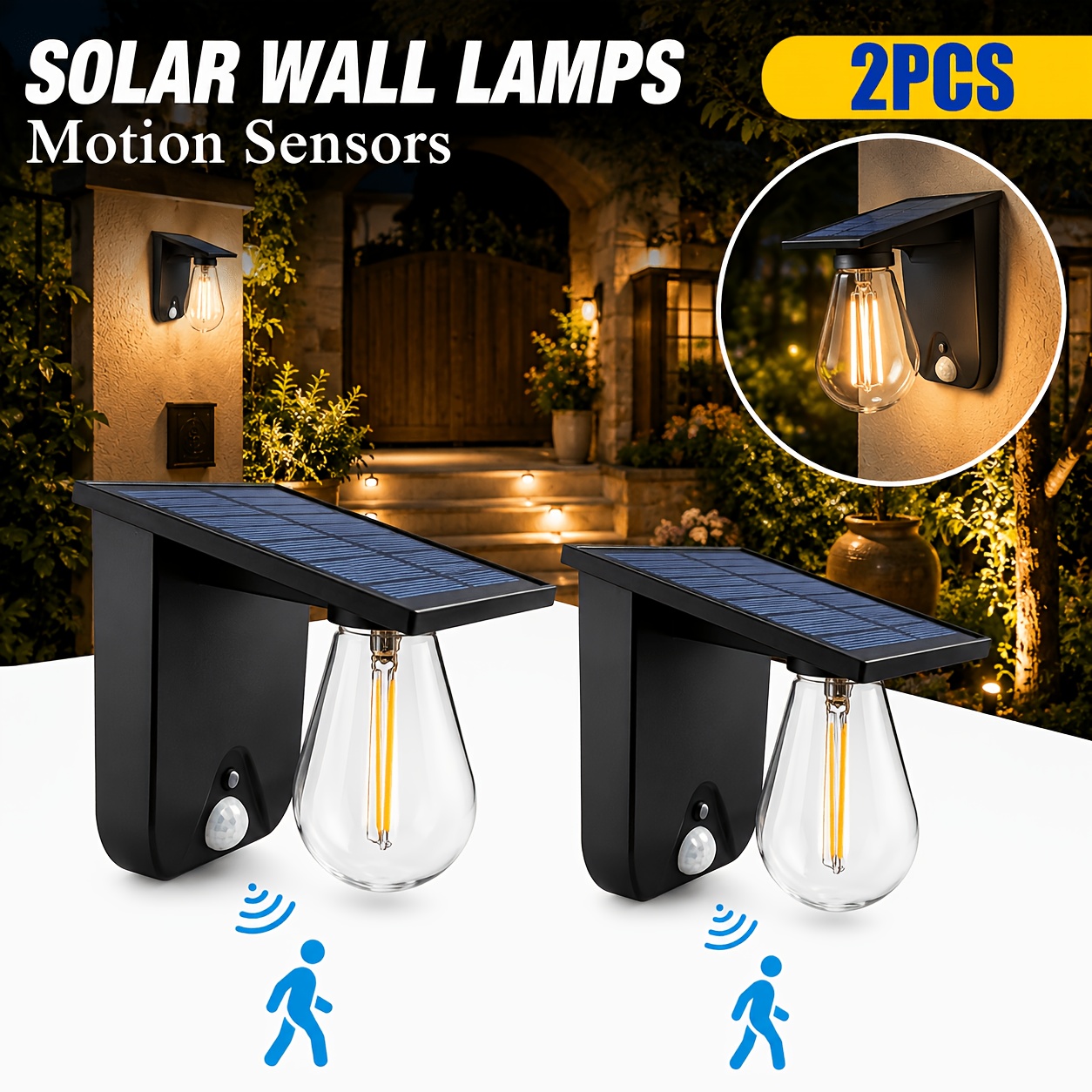 TEMU 2 Pack Outdoor Solar Wall Light, 3 & 3 Color Temperatures, High Bright Led, 3000mah Rechargeable Battery, Ip65 Waterproof, Motion Sensor Dusk To